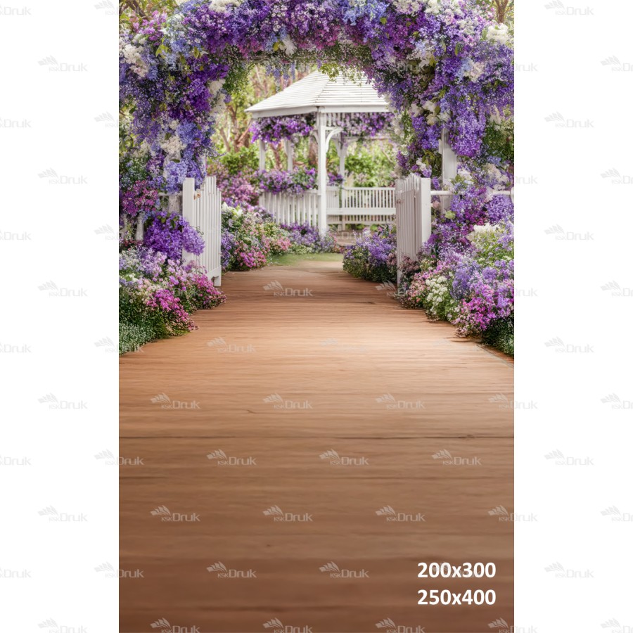 Tło fotograficzne „Kwiecista brama ogrodowa z altaną w tle” | E664